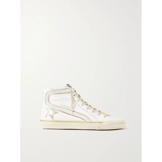 Slide distressed suede and metallic-trimmed leather high-top sneakers Slide distressed suede and metallic-trimmed leather high-top sneakers