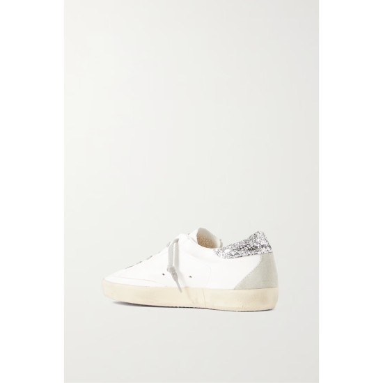 Superstar distressed denim-trimmed glittered leather sneakers Superstar distressed denim-trimmed glittered leather sneakers