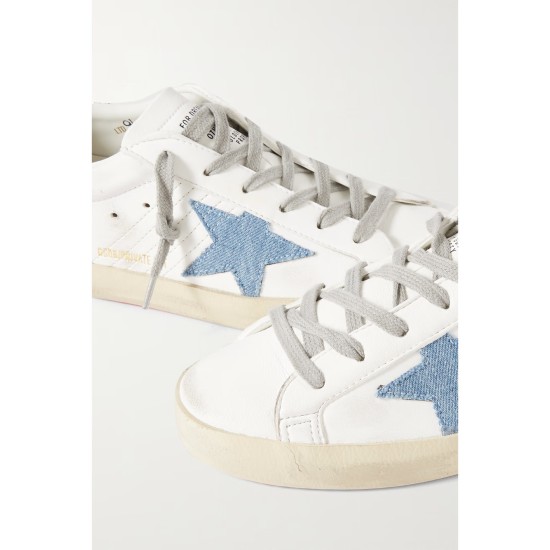 Superstar distressed denim-trimmed glittered leather sneakers Superstar distressed denim-trimmed glittered leather sneakers
