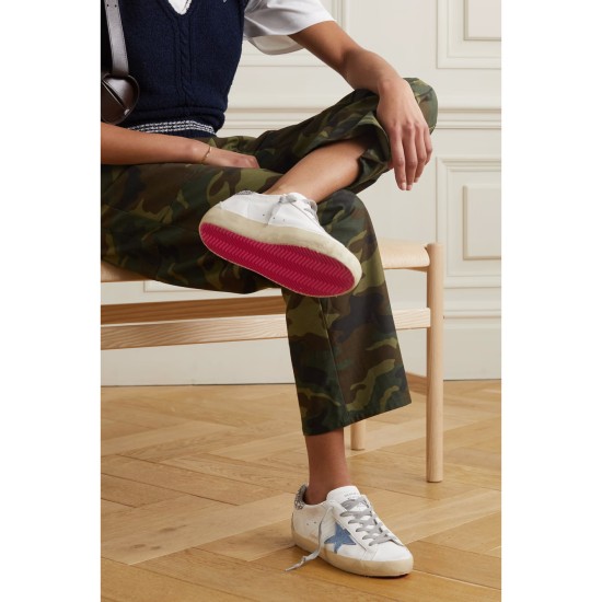 Superstar distressed denim-trimmed glittered leather sneakers Superstar distressed denim-trimmed glittered leather sneakers