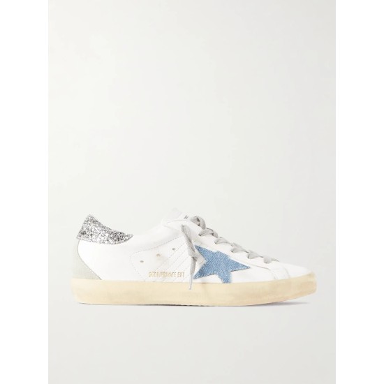 Superstar distressed denim-trimmed glittered leather sneakers Superstar distressed denim-trimmed glittered leather sneakers
