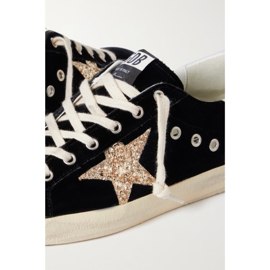 Super-Star eyelet-embellished distressed glittered leather and velvet sneakers Super-Star eyelet-embellished distressed glittered leather and velvet sneakers