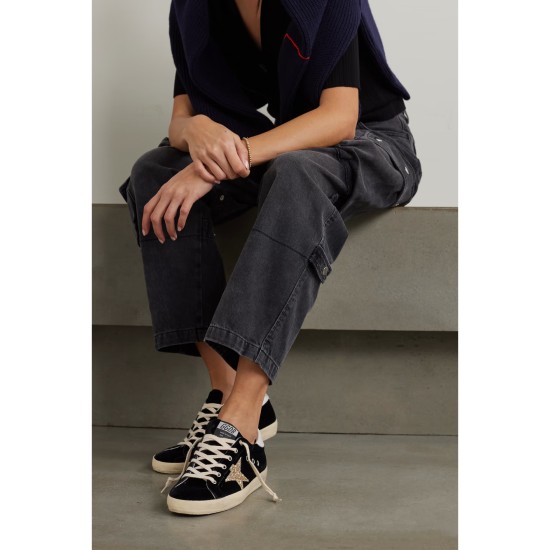Super-Star eyelet-embellished distressed glittered leather and velvet sneakers Super-Star eyelet-embellished distressed glittered leather and velvet sneakers