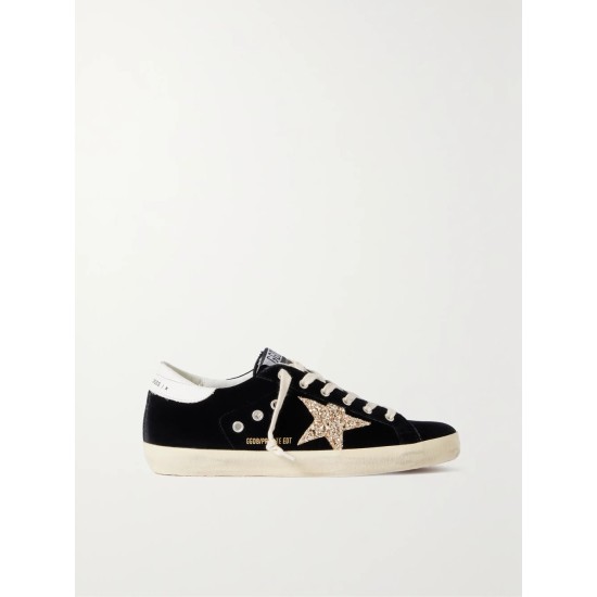 Super-Star eyelet-embellished distressed glittered leather and velvet sneakers Super-Star eyelet-embellished distressed glittered leather and velvet sneakers
