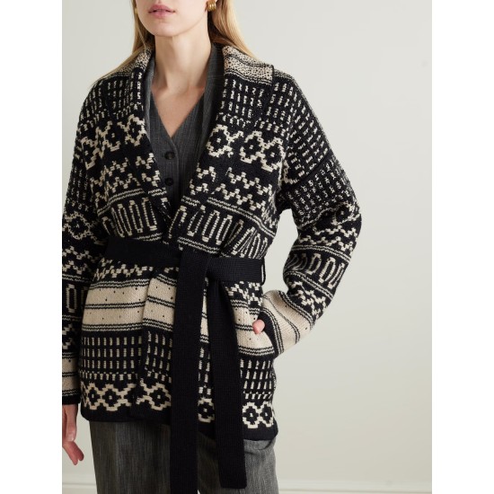Belted crystal-embellished jacquard-knit wool cardigan Belted crystal-embellished jacquard-knit wool cardigan