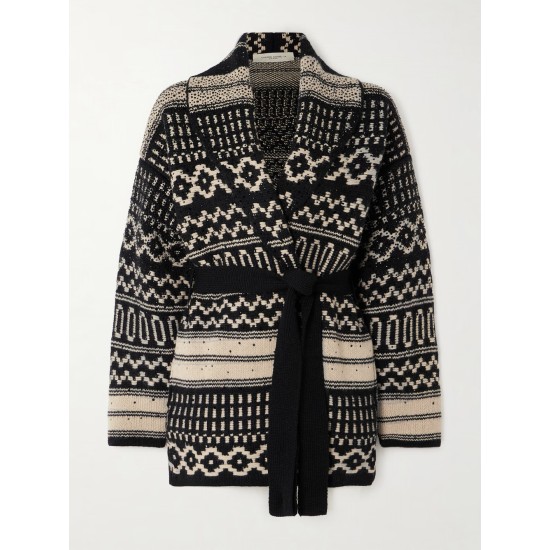 Belted crystal-embellished jacquard-knit wool cardigan Belted crystal-embellished jacquard-knit wool cardigan