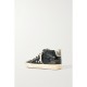 Mid Star suede and leather-trimmed distressed glittered faux leather sneakers Mid Star suede and leather-trimmed distressed glittered faux leather sneakers