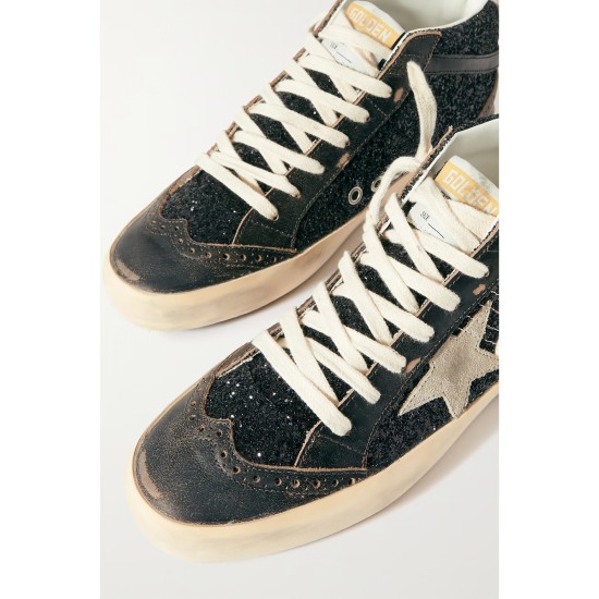 Mid Star suede and leather-trimmed distressed glittered faux leather sneakers Mid Star suede and leather-trimmed distressed glittered faux leather sneakers