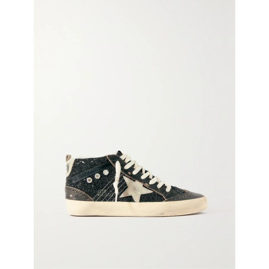 Mid Star suede and leather-trimmed distressed glittered faux leather sneakers Mid Star suede and leather-trimmed distressed glittered faux leather sneakers