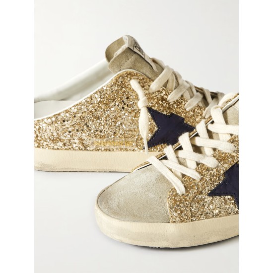 Super-Star Sabot distressed leather-trimmed glittered suede slip-on sneakers Super-Star Sabot distressed leather-trimmed glittered suede slip-on sneakers