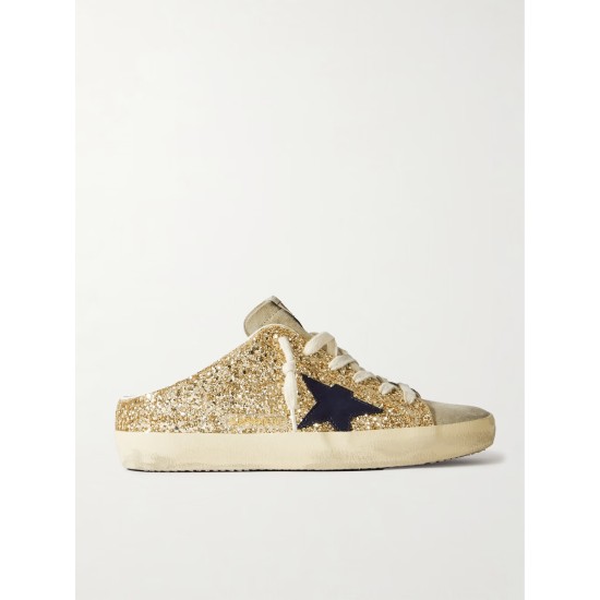 Super-Star Sabot distressed leather-trimmed glittered suede slip-on sneakers Super-Star Sabot distressed leather-trimmed glittered suede slip-on sneakers