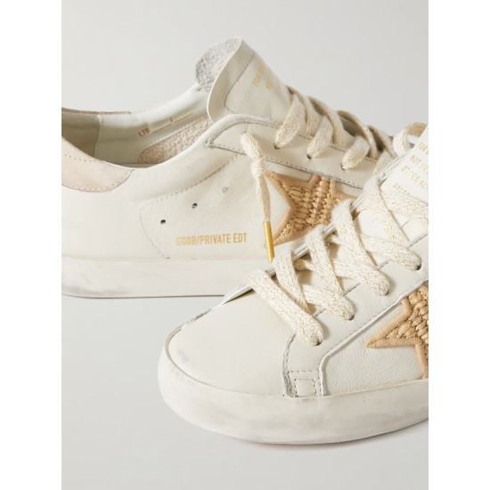 Super-Star raffia-trimmed distressed leather sneakers Super-Star raffia-trimmed distressed leather sneakers