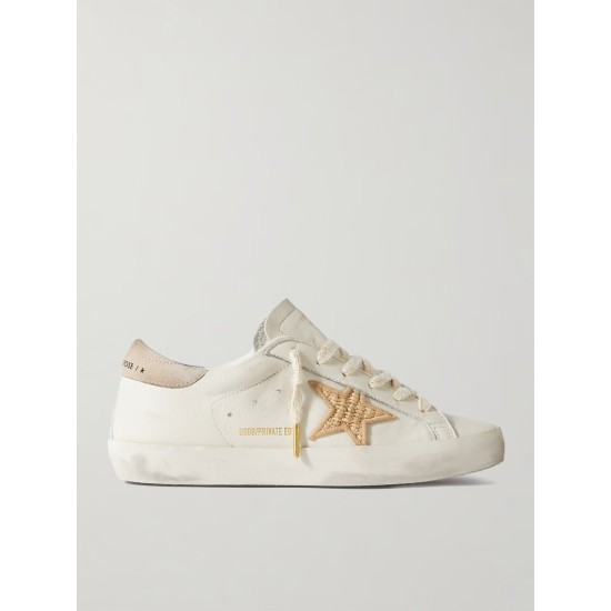 Super-Star raffia-trimmed distressed leather sneakers Super-Star raffia-trimmed distressed leather sneakers