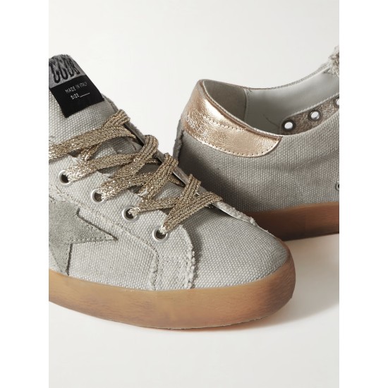 Super-Star suede and metallic leather-trimmed distressed canvas sneakers Super-Star suede and metallic leather-trimmed distressed canvas sneakers