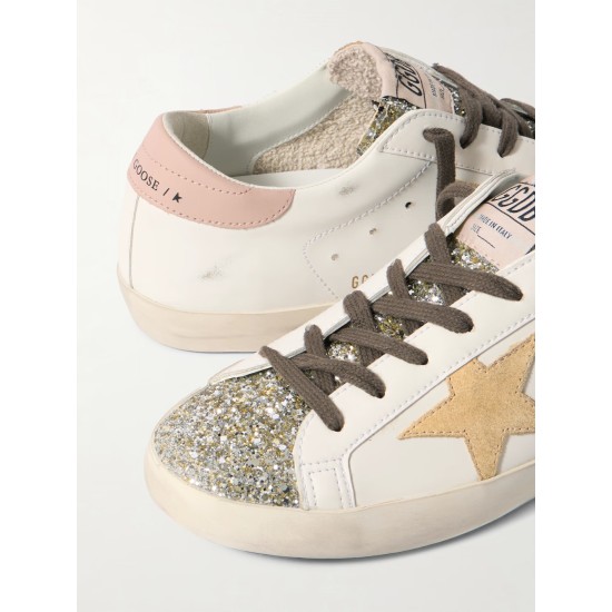 Super-Star distressed suede-trimmed glittered leather sneakers Super-Star distressed suede-trimmed glittered leather sneakers