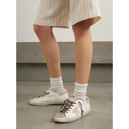 Super-Star distressed suede-trimmed glittered leather sneakers Super-Star distressed suede-trimmed glittered leather sneakers