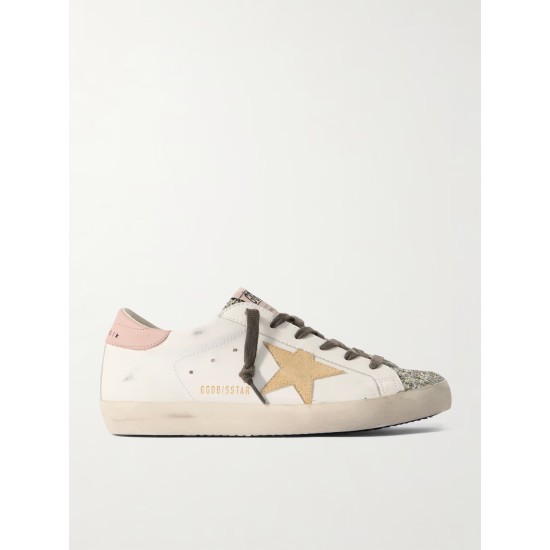 Super-Star distressed suede-trimmed glittered leather sneakers Super-Star distressed suede-trimmed glittered leather sneakers