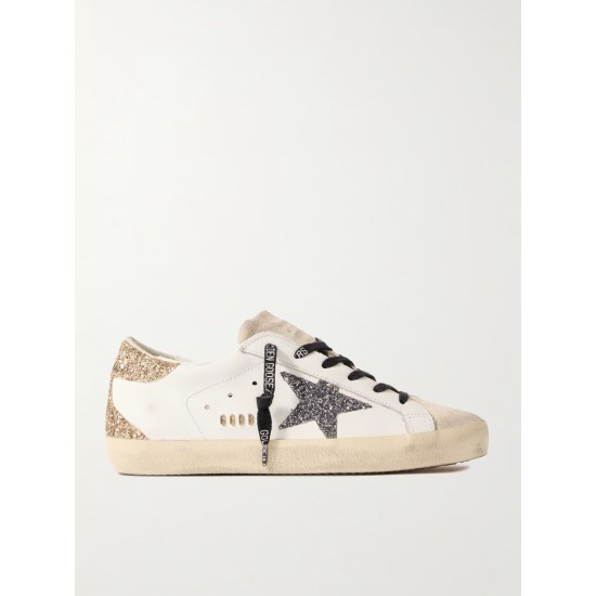 Super-Star distressed suede-trimmed glittered leather sneakers Super-Star distressed suede-trimmed glittered leather sneakers