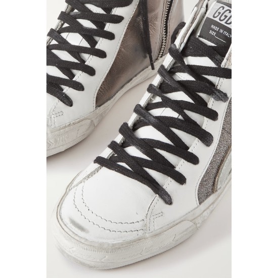 Slide distressed suede-trimmed leather and Lurex high-top sneakers Slide distressed suede-trimmed leather and Lurex high-top sneakers