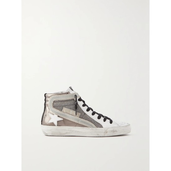 Slide distressed suede-trimmed leather and Lurex high-top sneakers Slide distressed suede-trimmed leather and Lurex high-top sneakers