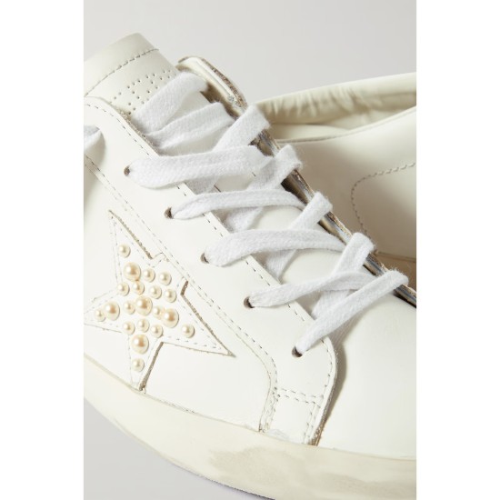 Superstar Sabot faux pearl-embellished distressed leather slip-on sneakers Superstar Sabot faux pearl-embellished distressed leather slip-on sneakers