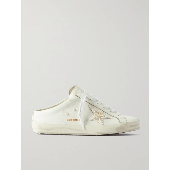 Superstar Sabot faux pearl-embellished distressed leather slip-on sneakers Superstar Sabot faux pearl-embellished distressed leather slip-on sneakers