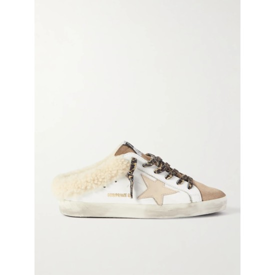 Superstar Sabot shearling-lined distressed leather and suede slip-on sneakers Superstar Sabot shearling-lined distressed leather and suede slip-on sneakers