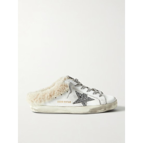 Superstar Sabot shearling-lined distressed glittered leather slip-on sneakers Superstar Sabot shearling-lined distressed glittered leather slip-on sneakers