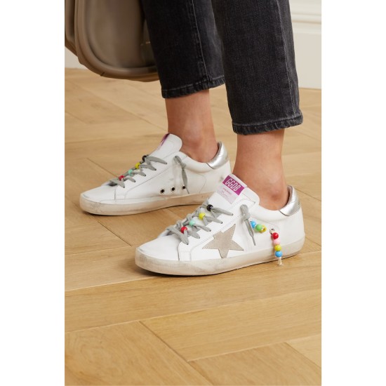 Superstar bead-embellished distressed leather and suede sneakers Superstar bead-embellished distressed leather and suede sneakers