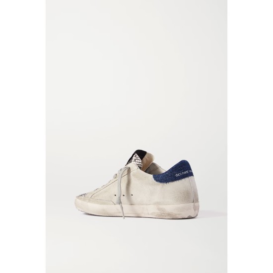 Superstar denim-trimmed distressed snake-effect leather and suede sneakers Superstar denim-trimmed distressed snake-effect leather and suede sneakers