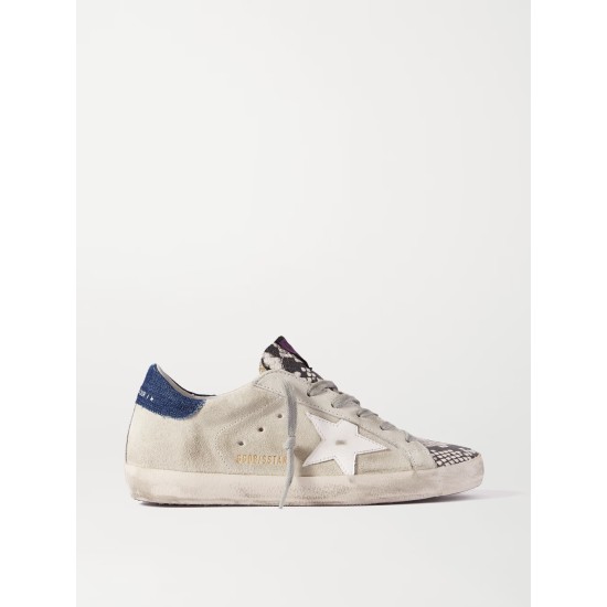 Superstar denim-trimmed distressed snake-effect leather and suede sneakers Superstar denim-trimmed distressed snake-effect leather and suede sneakers