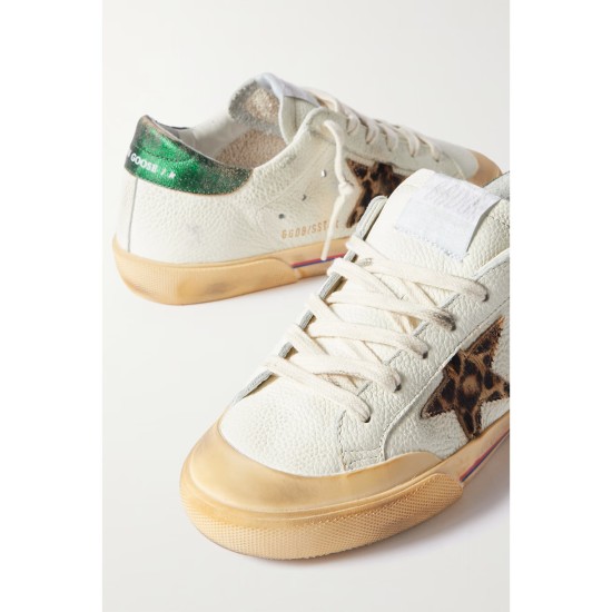 Superstar Penstar distressed leather, leopard-print-trimmed rubber sneakers Superstar Penstar distressed leather, leopard-print-trimmed rubber sneakers