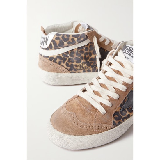 Mid Star distressed leather-trimmed leopard-print suede sneakers Mid Star distressed leather-trimmed leopard-print suede sneakers