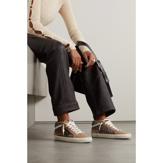 Mid Star distressed leather-trimmed leopard-print suede sneakers Mid Star distressed leather-trimmed leopard-print suede sneakers