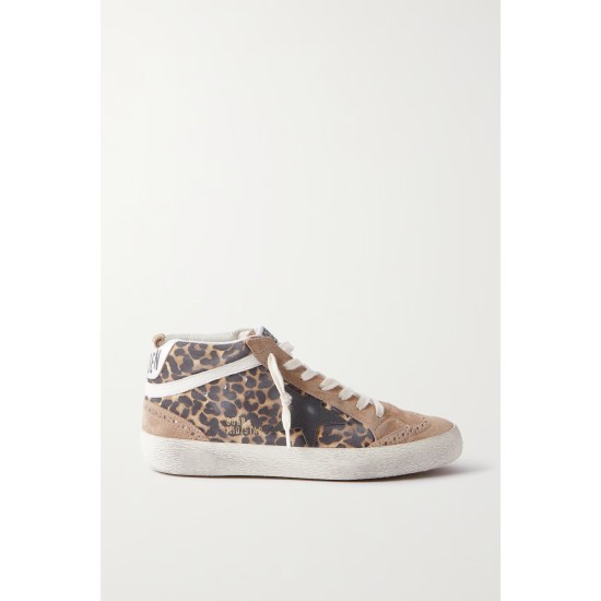 Mid Star distressed leather-trimmed leopard-print suede sneakers Mid Star distressed leather-trimmed leopard-print suede sneakers