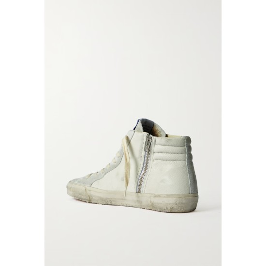 Slide embellished distressed glittered leather and suede high-top sneakers Slide embellished distressed glittered leather and suede high-top sneakers