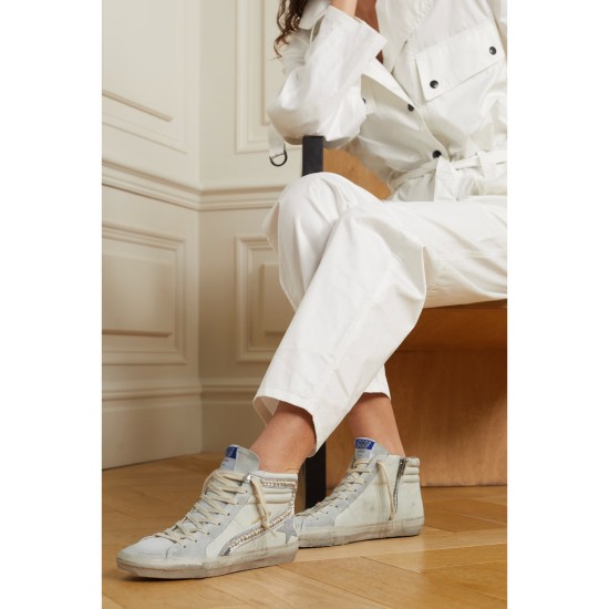Slide embellished distressed glittered leather and suede high-top sneakers Slide embellished distressed glittered leather and suede high-top sneakers