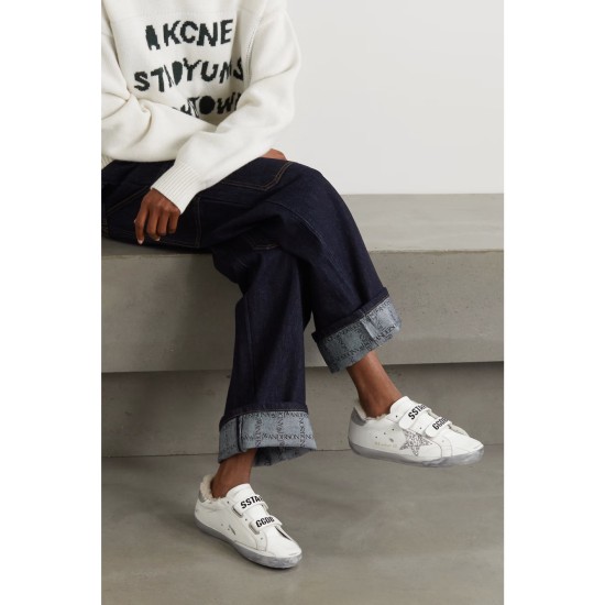 Old School shearling-lined distressed glittered leather sneakers Old School shearling-lined distressed glittered leather sneakers